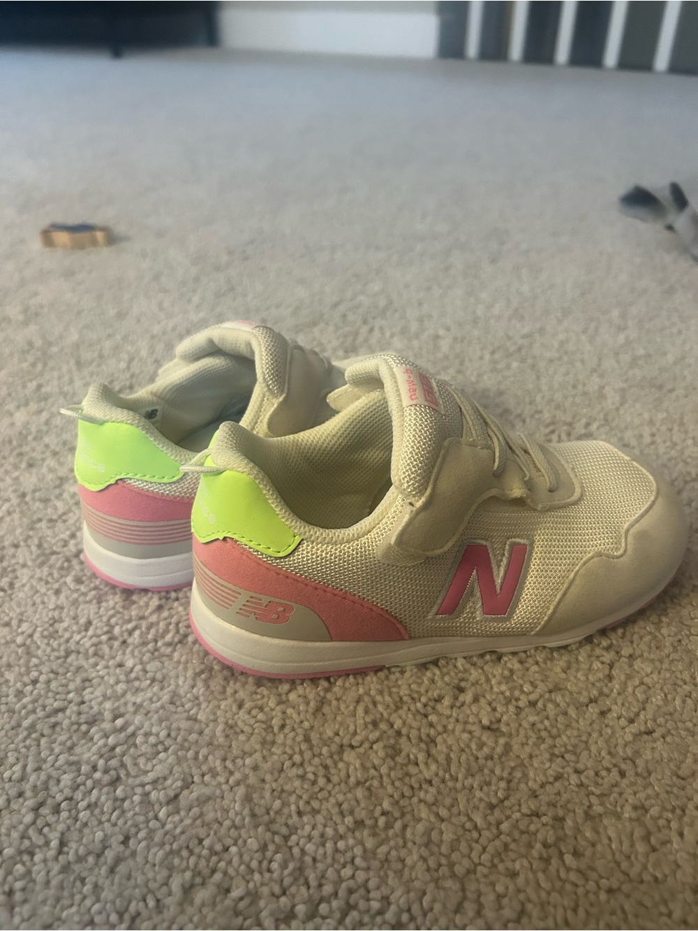 New Balance Kids Cream Sneakers with Pink and Neon Green Accents - Picture 2 of 7